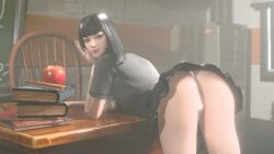 1girls 3d 3d_(artwork) ass bending_forward bending_over bent_over black_hair blender charlotte_(fortnite) clothed clothing dashyarts detailed_background epic_games fangs female female_focus female_only fortnite fortnite:_battle_royale leaning leaning_forward light-skinned_female light_skin long_hair looking_at_viewer looking_back panties presenting presenting_ass shirt skirt smile smiling underwear watermark white_panties