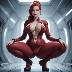 1:1 1girls ai_assisted ai_generated areola_slip belly_button bodysuit cameltoe erect_nipples_under_clothes female hair_over_shoulder half-closed_eyes hands_on_knees inner_sideboob jumpsuit large_breasts light-skinned_female lipstick nail_polish ponytail realistic red_clothing red_eyes red_hair rgomez007 sci-fi self_upload smiling_at_viewer solo_female spacecraft spaceship spaceship_interior spacesuit squatting stable_diffusion thick_thighs wide_hips