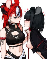 2girls alternate_version_available animal_ears areolae backup_dancer_(hakos_baelz) belly_button black_hair blue_eyes bob_cut boob_window breasts breasts_out cleavage cleavage_cutout clothed clothing collar female female_focus female_only hakos_baelz hakos_baelz_(snake_eyes) heart heart_symbol hearts_around_head hi_res hololive hololive_english hololive_english_-council- hololive_english_-promise- kemonomimi leash leash_and_collar leashed_collar light-skinned_female light_skin long_hair midriff multicolored_hair multiple_females multiple_girls navel nipples rat_ears rat_girl rat_tail red_hair short_hair ttsyrene virtual_youtuber visor visor_(eyewear) white_hair yuri