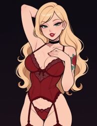 1girls absurd_res ai_generated arm_behind_head arm_tattoo black_background blonde_hair breasts choker curvy dark_background eyelashes flower_tattoo fromyourmouthva garter_straps green_eyes hand_on_breast highres hips lace lace_trim lingerie lips lipstick megazard parted_lips puckered_lips red_lingerie red_lipstick rose_tattoo see-through see-through_clothing smile tattoo tattoo_on_arm thighs thong wavy_hair