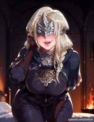 ai_generated balecxi blindfold blonde_hair blush braid capelet covered_eyes dark_souls dark_souls_3 dress female fire_keeper fromsoftware indoors jewelry large_breasts leaning_forward lips long_hair mask necklace open_mouth patreon_username smile solo