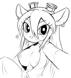 <3 anthro black_eyes blush breasts chip_'n_dale_rescue_rangers cleavage disney earrings female gadget_hackwrench goggles greyscale hair heart kabutoro large_breasts line_art lineart looking_at_viewer monochrome mouse nipples nude plain_background solo white_background