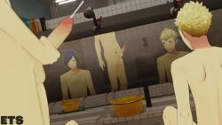3boys bathhouse blonde_hair blue_eyes blue_hair blush brown_eyes cum cumshot eulathighstraps looking_at_penis nude_male persona persona_5 reflection reflective_surface ren_amamiya ryuji_sakamoto showing_off stroking_penis yusuke_kitagawa