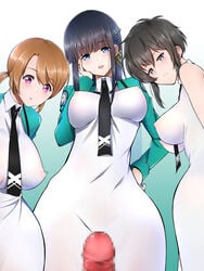 3girls bare_shoulders black_hair blue_eyes blush brown_hair censored dress grey_eyes hair_ornament kitayama_shizuku long_hair mahouka_koukou_no_rettousei mitsui_honoka mosaic_censoring multiple_girls necktie nipples open_mouth penis pink_eyes shiba_miyuki short_hair tied_hair twintails