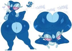 anthro anus_peek ass big_breasts big_butt blue_body bottom_heavy breasts colored creamygravy eyelashes female front_view gecqua generation_10_pokemon gonzalo_costa heart_symbol hi_res huge_butt looking_at_viewer looking_back looking_back_at_viewer miori nintendo pokemon pokemon_(species) pokemon_ww pupils purple_sclera rear_view simple_background slit_pupils solo text thick_thighs third-party_edit white_background white_eyes wide_hips