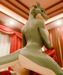 3d anthro argonian ass bethesda_game_studios breasts female genitals hi_res horn humanoid lizard looking_at_viewer looking_back microsoft nude rear_view reptile scalie solo tail the_elder_scrolls tongue tongue_out unknown_artist vulva