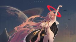 absurdres areola_slip breast_curtains breasts female halo highres large_breasts long_long_life navel one_eye_closed open_mouth original pink_eyes pubic_hair red_halo sideboob stomach stretching underbust yawning
