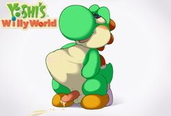 1boy anthro balls big_nose blush clothing cum cum_on_penis d-yoshi english_text erection footwear furry furry_only half-closed_eyes male male_only mario_(series) nintendo nude open_mouth orgasm penis shoes smile solo standing text yoshi yoshi's_island yoshi's_woolly_world