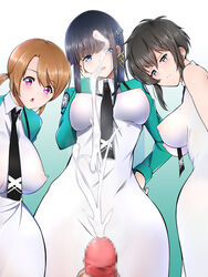 3girls bare_shoulders black_hair blue_eyes blush brown_hair censored cum cumshot dress ejaculation grey_eyes hair_ornament kitayama_shizuku long_hair mahouka_koukou_no_rettousei masturbation mitsui_honoka mosaic_censoring multiple_girls necktie nipples open_mouth penis pink_eyes shiba_miyuki short_hair tied_hair twintails