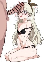 1boy :d absurdres aqua_eyes arms_between_legs bar_censor bare_legs bare_shoulders barefoot black_bra black_hairband black_panties blonde_hair blush bow bow_bra bow_hairband bow_panties bra breasts breath censored collarbone commentary curly_hair double_strap_slip erection female flying_sweatdrops from_side full_body glasses hairband heart highres lace-trimmed_bra lace-trimmed_panties lace_trim large_penis long_hair looking_at_penis looking_up navel nipple_slip nipples oldsickkim open_mouth original panties parted_bangs penis penis_awe seiza side-tie_panties simple_background sitting small_breasts smile solo_focus straight strap_slip string_panties striped_clothes striped_hairband sweatdrop teeth toes underwear upper_teeth_only white_background