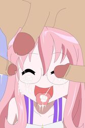 closed_eyes cum cum_in_face cum_in_mouth female glasses happy human long_hair lucky_star male miyuki_takara penis pink_hair shika-hina straight