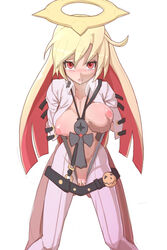 1boy 1girls ankh blonde_hair breasts female guilty_gear halo highres infraton jack-o'_valentine long_hair looking_at_viewer red_eyes saliva sex simple_background straight thighs vaginal_penetration white_background white_hair