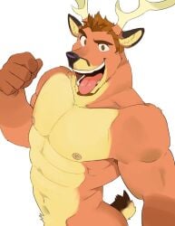 2018 bara beard brown_hair deer furry male muscular nipples nude open_mouth saltypoundcake solo tan_body tan_fur tongue_out