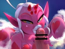 1girl absurdres artist_request bar_censor bare_shoulders blue_eyes blue_sky breasts censored cleavage cloud colored_sclera colored_skin enamorus fellatio female grabbing_another's_penis hair_bun half-closed_eyes heart heart-shaped_hair highres horns interspecies kissing_penis large_penis legendary_pokemon long_pointy_ears looking_at_viewer multiple_horns no_nose oral penis pink_skin pinky_out pointless_censoring pointy_ears pokemon pokemon_(creature) pokemon_(species) pokemon_focus pokephilia pov saliva saliva_on_penis saliva_trail short_hair sidelocks sky solo_focus star_(sky) tail theboogie thick_lips white_hair white_lips yellow_sclera