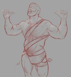 1boy bara beard body_hair dilf facial_hair flexing gay gilf jack_morrison male male_only muscular_male nude_guy_wrapped_in_ribbons_standing_(meme) overwatch_2 pointing_at_self scars soldier_76 solo wrapped yaoi