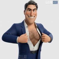 1boy 2026 abs accurate_art_style ai_generated black_hair brown_eyes cellardoor_ai chest_hair disney evil_grin gay grey_hair hoppers light_skin male male_only mayor_jerry open_shirt pixar simple_background solo two-tone_hair white_background