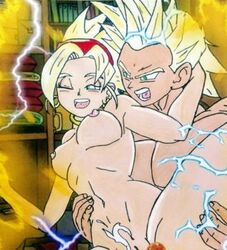 1boy 1girls aura blonde_hair bra_(dragon_ball) bra_briefs cum_in_pussy cumshot dragon_ball dragon_ball_gt earrings electricity female green_eyes library red_hairband sex size_difference son_goten stayfrosty2401 straight super_saiyan super_saiyan_2