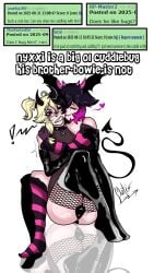 >:3 2boys ass black_eyes black_legwear blonde_hair bowie bulge canine clothed collar cute_fang dark_hair demon demon_boy demon_horns demon_humanoid demon_tail demon_wings dog_collar dog_tail duo erection erection_under_clothes erection_under_clothing fangs femboy femboy_on_femboy femboysub fishnets horn horns horny incubus latex latex_gloves light-skinned_male light_skin male male/male male_focus male_only mantislord nervous nervous_smile nyxxi original_character original_characters pale-skinned_male pale_skin pasties piercing piercings pink_eyes self_upload standing stockings stripes succubus succubus_horns sweat sweating sweaty swimsuit tagme thick thick_ass thick_thighs thigh_highs thighhighs thighs thong tongue tongue_out tongue_piercing two-tone_hair