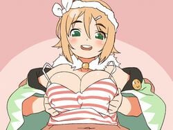 1boy animated breasts female green_eyes hanabi_(senran_kagura) hishigata large_breasts orange_hair paizuri paizuri_under_clothes senran_kagura