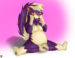 1boy anthro balls chubby covering_face cute_fangs dripping flaccid looking_at_viewer male male_only mammal nintendo open_mouth partially_retracted_foreskin paw_hands penis pokemon precum signature skuntank solo spread_legs spreading uncut video_games