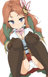 blue_eyes blush breasts brown_gloves brown_hair brown_legwear cleavage cleavage_cutout female gloves granblue_fantasy hair_ornament heart-shaped_pupils karen_(granblue_fantasy) large_breasts long_hair looking_at_viewer momio panties pantyshot pantyshot_(squatting) skirt smile solo squatting symbol-shaped_pupils thighhighs tsurime underwear white_panties