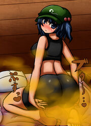 ass bike_shorts blue_eyes blue_hair blush breasts d-kureta fart female hair_bobbles hair_ornament hat nitori_kawashiro touhou