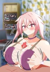 1boy 1girls ansel_(arknights) arknights azur_lane big_breasts blush body_swap breasts breasts_bigger_than_head bunny_ears cum cum_on_breasts dojang english_text female huge_breasts large_breasts male paizuri pink_hair reno_(azur_lane) rule_63 tagme titjob