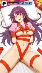 1girls 2026 ai_generated artist_name bakemonogatari blue_eyes blush box breasts bust chest christmas electroworld female gift gift_box hi_res high_quality high_resolution highres long_hair looking_at_viewer lying monogatari_(series) naked_ribbon navel open_mouth patreon patreon_username purple_hair ribbon ribbon_bondage senjougahara_hitagi skindentation solo stable_diffusion watermark