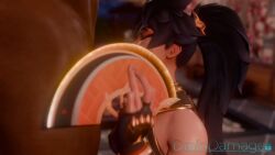 1boy 1girls 3d animated anran asian asian_female black_hair blowjob covered_mouth cum cum_in_mouth dark-skinned_male draindamage3d fellatio hand_fan implied_fellatio implied_oral interracial light-skinned_female male_pubic_hair overwatch pubic_hair sloppy sloppy_blowjob sound video