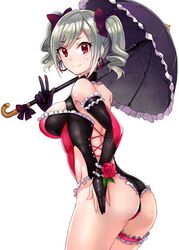 ashita_(2010) ass breasts drill_hair female idolmaster idolmaster_cinderella_girls kanzaki_ranko long_hair looking_back parasol race_queen red_eyes silver_hair simple_background smile solo tied_hair twin_drills twintails umbrella v