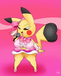 2015 anthro big_breasts bow breasts clothed clothing cosplay_pikachu erect_nipples female kirbot12 looking_at_viewer microphone nintendo nipples open_mouth performing pikachu pikachu_pop_star plump_labia pokémon_(species) pokemon pussy singing skimpy skirt thick_thighs video_games