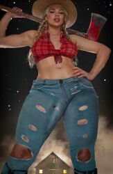 axe blonde_hair bulge bulge_down_leg cowboy_hat cowgirl erection_under_clothes flannel_shirt jeans licking_lips shikari winking_at_viewer