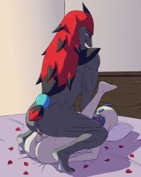 absol absurd_res amazon_position anthro anus balls barely_visible_breasts barely_visible_nipples bed blush breasts canid canine dominant dominant_female duo feet female furniture generation_3_pokemon generation_5_pokemon genitals happy happy_sex hi_res humanoid_feet inner_labia lance_(xevv) larger_female long_inner_labia looking_pleasured male male/female muscular muscular_anthro muscular_female nintendo nipples open_mouth penis petals plantigrade pokemon pokemon_(species) pussy romantic rose_petals sex sherry_(xevv) size_difference small_balls small_penis smaller_male smile vaginal_penetration vulva xevv zoroark