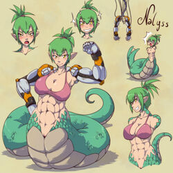 abs amputee blush breasts cleavage clothed clothing cyborg gammatelier green_hair hair looking_at_viewer muscular_female naga pussy toned yellow_eyes