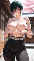 ai_generated black_pants brown_eyes dark_green_hair dojo girl glasses jkingwxlfy jujutsu_kaisen looking_at_viewer maki_zenin nipples nude_breasts playful_smile sakura_tree solo topless white_belt zenin_maki