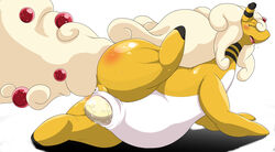 ampharos egg_laying eyelashes female feral hair half-closed_eyes horn hurikata long_hair looking_at_viewer mega_ampharos mega_evolution nintendo open_mouth orb pokemon pokemon_(species) pussy pussy_juice red_eyes solo video_games white_hair