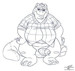 anthro balls bottomless clothed clothing dinosaur dinosaurs_(series) earl_sinclair erection half-dressed hands_on_hips humanoid_penis line_art looking_at_viewer lunch_box male male_only monochrome overweight partially_retracted_foreskin penis scalie shirt signature smile solo uncut wolfblade