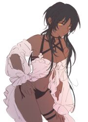 arknights bikini black_bikini black_hair closed_mouth collarbone cowboy_shot dark-skinned_female dark_skin eksi_(kriixx) expressionless female genderswap_(mtf) long_hair looking_at_viewer looking_to_the_side rule_63 simple_background sketch solo string_bikini swimsuit thigh_strap thorns_(arknights) white_background yellow_eyes