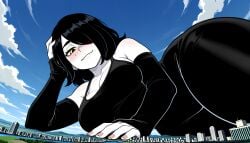 ai_generated big_breasts black_hair black_hair_female blush breasts city clothed clothed_female female freckles freckles_on_face giantess gtsdimensionjumper hyper_giantess julia_(the_coffin_of_andy_and_leyley) large_boobs large_breasts laying_on_side light-skinned_female light_skin looking_down pale-skinned_female pale_skin the_coffin_of_andy_and_leyley video_game_character yellow_eyes yellow_eyes_female