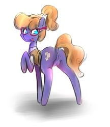 2015 anus ass blue_eyes crotchboobs cutie_mark equine eyewear female feral frazzle_rock friendship_is_magic glasses hair horse looking_back mammal my_little_pony open_mouth orange_hair plain_background pony purple_fur pussy pussy_juice solo taps teeth white_background