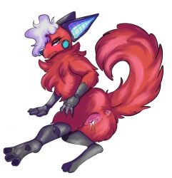 absurd_res annoyed anthro anus ass blush bodily_fluids butt_heart canid canine cum cum_in_pussy cum_inside cybernetic_ear cybernetics feet female fluffy fluffy_chest fluffy_tail genital_fluids hi_res lust_mutt machine mammal metal_limbs solo spread_butt spread_toes spreading tail toes vaginal_fluids