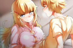 1boy blonde_hair blue_eyes blush breasts cleavage cum cute_fang ejaculation female hair_ornament hairclip heart heart-shaped_pupils large_breasts long_hair naso4 open_mouth original paizuri paizuri_under_clothes pajamas penis symbol-shaped_pupils