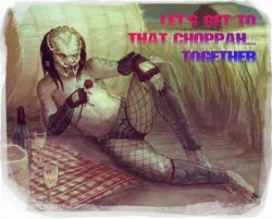 alien alien_(franchise) alien_vs_predator artist_request english_text fishnet male male_only meme posing predator_(franchise) solo text yautja