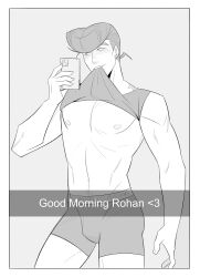 1boy biting_shirt boxers boxers_(clothing) bulge bulge_through_clothing diamond_is_unbreakable joestar_birthmark jojo's_bizarre_adventure jojoxim josuke_higashikata male male_only nopormix solo