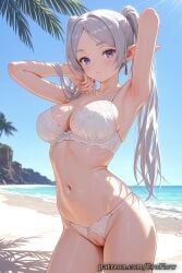 1girls 2025 ai_generated armpit armpits arms_up beach blue_sky blush bra breasts cleavage closed_mouth clothing crotchless crotchless_panties earrings elf eroflow female female_only frieren hi_res highres jewelry large_breasts long_hair looking_at_viewer navel outdoors panties pantsu parted_bangs patreon pointy_ears purple_eyes pussy sky solo sousou_no_frieren stomach swimsuit twintails underwear voluptuous voluptuous_female water white_bra white_hair white_panties
