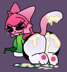 >w< alcohol anthro ass beer beer_bottle bent_over beverage big_butt black_clothing black_shirt black_topwear blush blush_lines bodily_fluids bottle bottomwear breasts butt_focus cat_tail checkered checkered_background closed_eyes clothing container cum cum_drip cum_dripping_on_floor cum_from_ass cum_in_ass cum_inside cum_on_body cum_on_butt cum_on_ground cum_on_tail directional_arrow domestic_cat dripping felid feline felis female footwear fur genital_fluids glistening glistening_butt green_clothing green_shirt green_topwear hair legwear mammal ms._sox_(paka_mzuri) nipple_outline paka_mzuri pattern_background pattern_clothing pattern_legwear pawpads paws pink_body pink_fur pink_hair presenting presenting_hindquarters pretending pretending_to_be_drunk shirt simple_background skirt smile socks socks_removed solo striped_clothing striped_legwear stripes sweat sweaty_butt tail text thick_thighs tongue tongue_out topwear white_tip_tail wide_hipped_anthro wide_hipped_female wide_hips