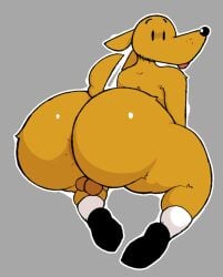 2025 anthro anus ass backsack balls barely_visible_anus big_butt black_clothing black_footwear black_nose black_shoes canid canine canis clothing dog_man_(character) dog_man_(series) domestic_dog english_description footwear genitals grey_background looking_back male male_only mammal nude_anthro nude_male ogilenuj outline rear_view simple_background small_balls socks solo tail thick_thighs tongue tongue_out whisker_spots white_clothing white_footwear white_outline white_socks