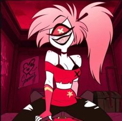 ai_generated bedroom bedroom_setting bottom bottom_pov cherri_bomb cherri_bomb_(hazbin_hotel) demon demon_girl freckles freckles_on_face hazbin_hotel looking_at_viewer one_eye red red_background succubus