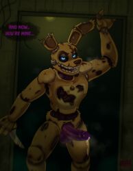 animal_humanoid animatronic anthro balls big_penis bodily_fluids erection five_nights_at_freddy's five_nights_at_freddy's_3 genital_fluids genitals glowing glowing_eyes hi_res humanoid in_doorway knife lagomorph lagomorph_humanoid leaking_precum looking_at_viewer machine male mammal mammal_humanoid nude_male penis pinup pose precum purple_penis rib_cage robot robot_humanoid scottgames skeletal smile smiling_at_viewer solo speech_bubble springtrap_(fnaf) tw1nkd3m0n undead