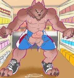 4_toes 5_fingers abs aisle animal_genitalia animal_penis anthro arms_out athletic_wear attack_pose balls big_balls big_penis biped black_lips black_nose blurred_background bodily_fluids bottomwear box broad_shoulders brown_body brown_fur calf_muscles can canid canine canine_genitalia canine_penis carton cheek_tuft chin_tuft claws clothed clothing container converse countershading curled_fingers depth_of_field destroyed_clothing digitigrade dripping ejaculation erection facial_tuft fangs feet finger_claws fingers flat_colors footwear fur genital_fluids genitals goosebumps goosebumps_(movie) grey_claws grocery_store gym_bottomwear gym_shorts head_tuft inside knot leaking_precum leaning leaning_forward lips looking_at_viewer male mammal mane multicolored_body multicolored_fur muscular muscular_anthro muscular_male mythological_canine mythological_creature mythology navel neck_tuft nipples open_mouth paws penis pink_nipples pink_penis pose precum precum_drip precum_on_ground public sharp_teeth shawd shelf shelving shoes shorts smile snout solo standing teeth the_werewolf_of_fever_swamp toe_claws toes tongue topless torn_bottomwear torn_clothing torn_shoes torn_shorts tuft two_tone_body two_tone_fur vein veiny_penis warm_colors werecanid werecanine werecreature werewolf werewolf_of_fever_swamp whisker_spots wide_stance yellow_eyes